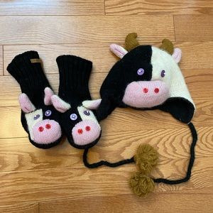 100% wool - toque and mitt cow set novelty
